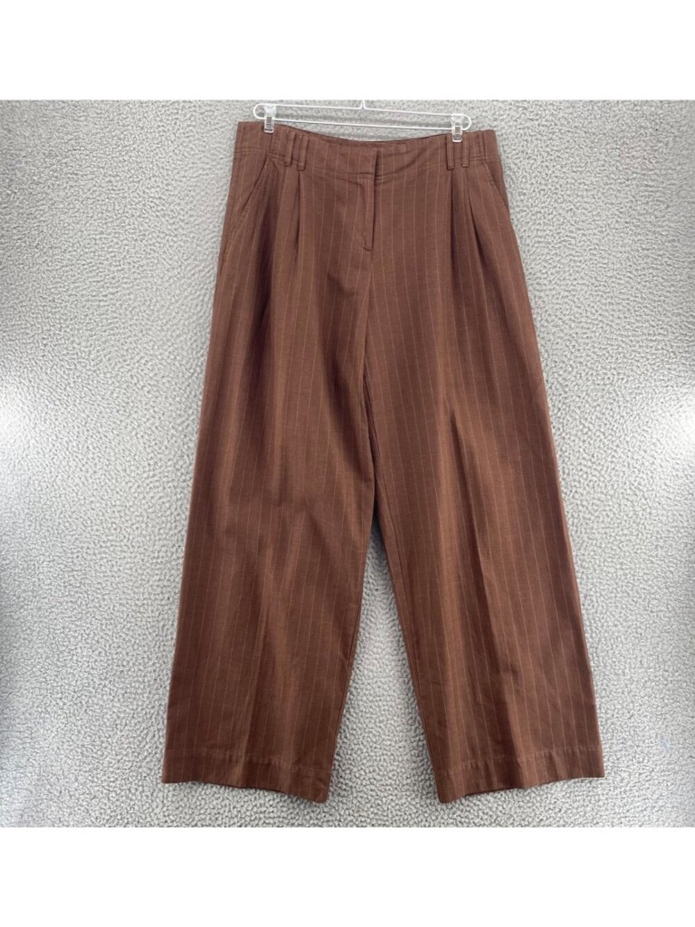J Jill Pants Womens 12 Brown Pinstripe Cotton Linen Wide Leg Trousers Pockets